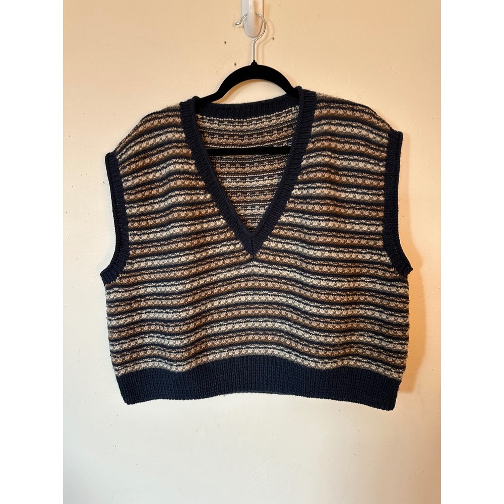 Handmade Chunky Knit Striped Sweater Vest V-Neck Cropped Navy Tan Cream